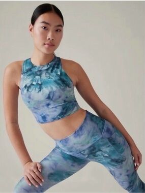Athleta Girl XL 14 Tie Dye Blue Teal Crop Top Sports Bra High Neck Athletic